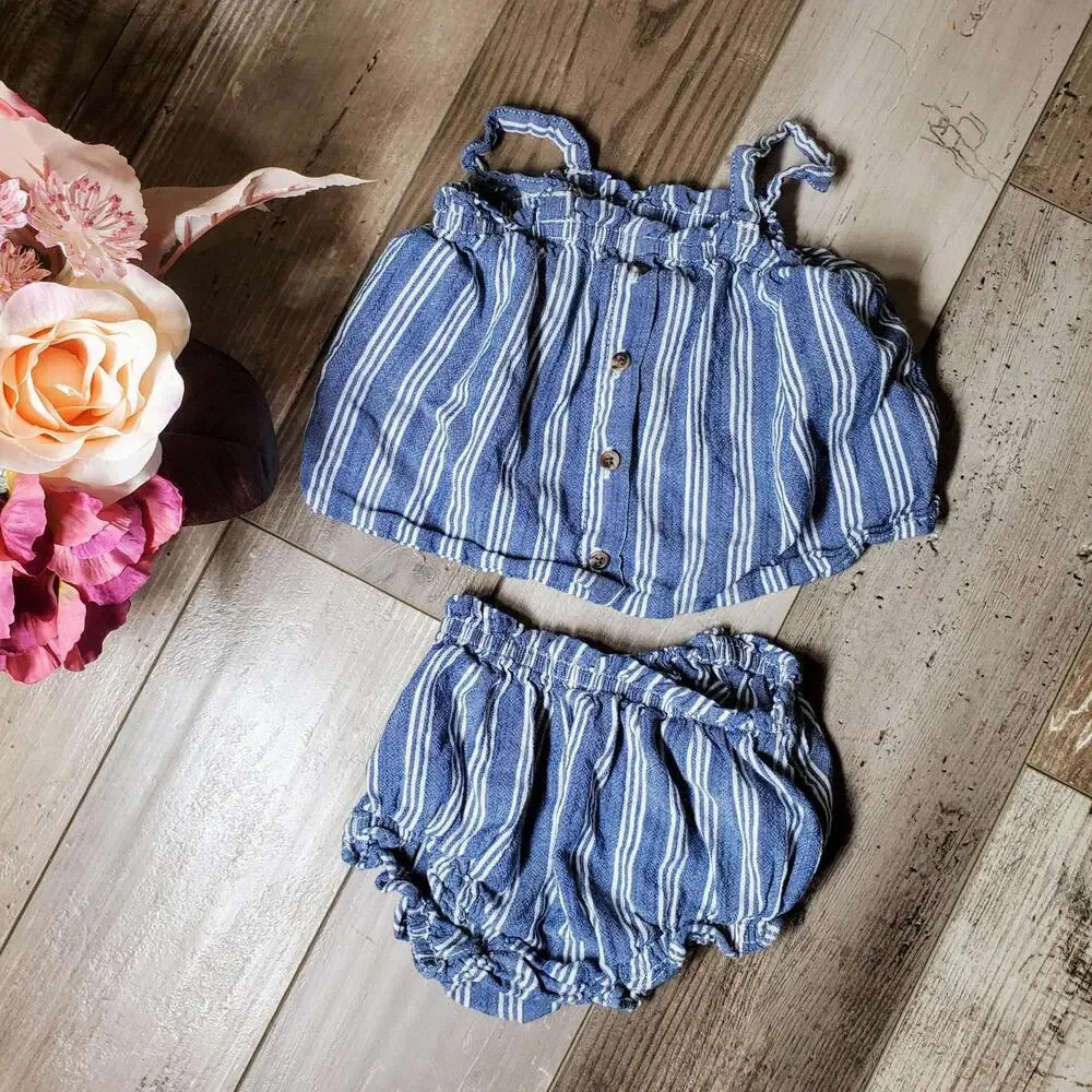 Old Navy Matching Blue & White Striped Summer Outfit Baby Girl Size 6-12M